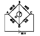 The four arms of a Wheatstone bridge have resistances as shown in the figure. A galvanometer of 15Omega  resistance is connected across BD. Calculate the current through the galvanometer when a potential difference of 10 V is maintained across AC.