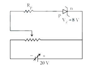 A zener diode having zener voltage 8V and power dissipation rating of 0.5W is connected across a potential divider arranged with maximum potential drop across zener diode is as shown in the diagram. The value of protective resistance R(P)  is …………. Omega.