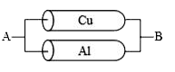 A Copper (Cu) rod of length 25 cm and cross sectional area 3 mm^(2)  is joined with a similar Aluminium (Al) rod as shown in figure. Find the resistance of the combination between the ends A and B.   (Take Resistivity of Copper = 1.7 xx 10^(–8)Omegam Resistivity of Aluminium = 2.6 xx 10^(-8)Omegam )