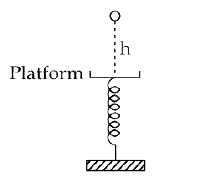 A ball of mass 100 g is dropped from a height h=10 cm on a platform fixed at the top of a vertical spring (as shown in figure). The ball stays on the platform and the platform is  depressed by a distance h/2 . The spring constant is Nm^(-1) . (Use g=10 ms^(-2) )   Platform