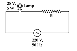 A 220 V, 50 Hz AC source is connected to a 25 V, 5 W lamp and an additional resistance R in series (as shown in figure) to run the lamp at its peak brightness, then the value of R (in ohm) will be