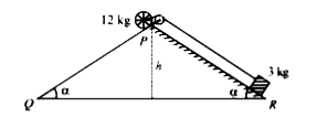 A rolling wheel of 12 kg is on an inclined plane at position P and connected to mass of 3 kg through a string of fixed length  and pulley as shown in figure .    The velcoity of centre of mass of the wheel when it reaches at the bottom Q of the incline plane PQ will be (1)/(2)sqrt(xgh) m/s. The value of x is .