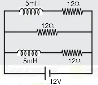There is a L-R circuit, which has these 12 ohm resistance and two inductor of 5mH. as shown in the figure is connected with a 12 V battery. Find the current producing from the battery after a very long time.