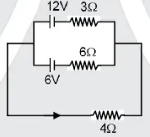 In an electrical circuit, there are two batteries of emf 12V and 6V having internal resistance of 3Omega and 6Omega respectively, is connected with a resistance of 4Omega as shown in the figure. Find the current passing through 4Omega resistance :