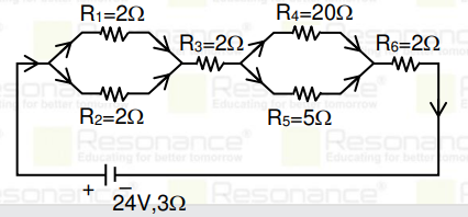 As shown inthe figure ,a net work of resistors is connected to battery of 24 V with an internal resistance of 3Omega . The current through the resistors R4 and R5 are I4 and I5 respectively. The valuse of I4 and I5 are: