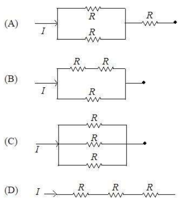 Different Combination of 3 resisturs of equal resisitance R are shown in the figures.The increasing order for power dissipation is :