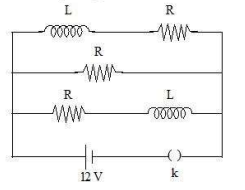 There identical resistors with resistance R=120Omega and two identical inductors with self inductance L. =5mH are connected to a s ideal battery with emf of 12V as shown in figure.The current through the battery long after the switch has been closed will be .......A