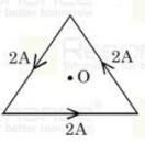 A shown in the figure,a current of 2A flowing in an equilateral triangle of side 4sqrt(3)cm.The magnetic field at the centroid O of the triangle is :    (Neglect the effect of earth's magnetic field)