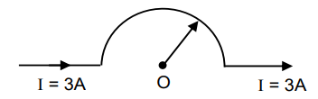 As shown in the figure, a long straight conductor with semicircular arc of radius m pi/10  is carrying current I = 3A. The magnitude of the magnetic field at the center O of the arc is :  (The permeability of the vacuum = 4pi times 10^(–7 ) N A^(–2 ))