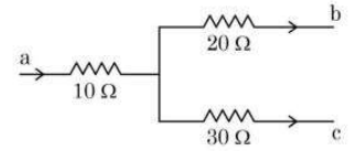 Figure shows a part of an electric circuit.The potentials at points a,b and c are 30 V,12V and 2V respectively.The current through the 20 Omega resistor will be,