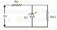Power in zenor diode is 20mW find value of resistance Rs.