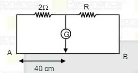 In given figure the balanced length is 40 cm from A. If 2Omega is connected parallel to R then change in balance length from A will be