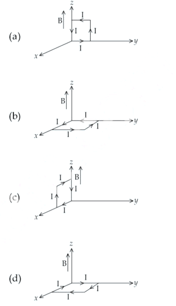 10 cm तथा 5 cm भुजाओं के एक आयताकार लूप  (पाश) से एक विद्युत धारा, I = 12 A, प्रवाहित हो रही है। इस पाश को आरेख में दर्शाये गये अनुसार विभिन्न अभिविन्यासों (स्थितियों) में रखा गया है।      यदि वहाँ 0.3 T तीव्रता का कोई एकसमान चुम्बकीय क्षेत्र, धनात्मक z दिशा में विद्यमान है तो, दर्शाये गये किस अभिविन्यास में, यह पाश (लूप) (i) स्थायी संतुलन तथा (ii) अस्थायी संतुलन में, होगा?