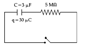 चित्र में दिखाए गए परिपथ में,एक आवेशित संधारित्र है जिसकी धारिता 3 mu F और आवेश  30 mu C है। t=0  पर जब कुंजी बंद है, तो  5 M Omega प्रतिरोध से प्रवाहित धारा का मान  'x' mu A है।     यहाँ 'x' का मान निकटतम पूर्णांक में