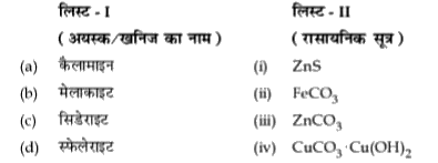 लिस्ट –I का लिस्ट –II से मिलान कीजिए।‌     नीचे दिए विकल्पों में से सही उत्तर चुनिए।