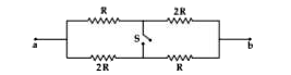 चित्र में दिए गये नेटवर्क के बिंदुओं a तथा b के बीच तुल्य प्रतिरोधों का अनुपात x:8 होता है। जब स्विच को क्रमशः खुला और बंद रखते हैं। x का मान.....................है।   चित्र में दिए गये नेटवर्क के बिंदुओं a तथा b के बीच तुल्य प्रतिरोधों का अनुपात x:8 होता है। जब स्विच को क्रमशः खुला और बंद रखते हैं। x का मान.....................है।