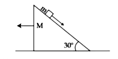 द्रव्यमान m का एक ब्लाक लकड़ी के नत तल पर खिसकता है, जो आगे क्षेतिज सतह पर उत्क्रम दिशा में खिसकने लगता है। नततल के सापेक्ष ब्लाक का त्वरण होता है : दिया है m=8 kg, M=16 kg चित्र में दिखाये गये सभी तलों को घर्षण रहित मानिये।