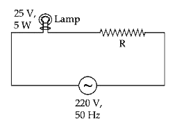 एक 220 V, एवं 50 Hz वाले प्रत्यावर्ती धारा (AC) विद्युत स्रोत्र को एक 25 V एवं 5 W के लेम्प से जोड़ा जाता है यदि लेम्प को इसकी शिखर उज्ज्वलता पर जलाने के लिए , एक R प्रतिरोध को लेम्प के साथ श्रेणी क्रम में जोड़ने की आवश्यकता है (चित्र में दर्शाये अनुसार ) तो R का मान ( ohm में )  होगा।