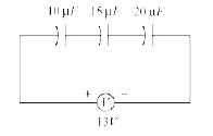 चित्र में दर्शाये हुए, 15muF वाले संधारित्र पर आवेश का मान ज्ञात कीजिए :