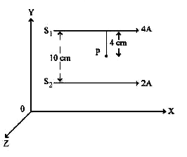 दो लम्बे समानान्तर चालक S1 एवं S2  एक-दूसरे से 10 cm की दूरी पर रखे हैं, जिनमें क्रमशः 4A एवं 2A मान की धाराएं प्रवाहित हो रही हैं । चालक X-Y तल मेंx-अक्ष के अनुदिश रखे हैं। कोई बिन्दु P दोनों चालकों के बीच में स्थित है (चित्र में दर्शाये अनुसार)  3pi  कूलाम्ब का एक आवेशीय कण. बिन्दू P से वेग vecv = (2hati +3hatj)m//s से गुजर रहा है. जहाँ hati एवं hatj  क्रमशः x-अक्ष एवं y -अक्ष के अनुदिश इकाई सदिशों को निरूपित कर रहे हैं। आवेशित कण पर 4pixx10^(-5)(-xhati +2hatj)N का बल आरोपित होता है |  x का मान है :
