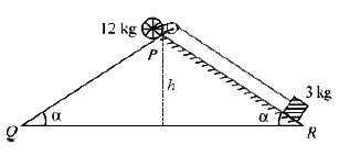 चित्र में दर्शाये अनुसार, 12 kg का एक घूमने वाला पहियाँ किसी आनत तल पर P स्थिति पर है. एवं एक नियत लम्बाई की रस्सी एवं घिरनी के द्वारा 3 kg द्रव्यमान के गुटके से जुड़ा हुआ है। माना PR, घर्षणरहित तल है । पहिए के द्रव्यमान केन्द्र का वेग 1/2sqrt(xgh) m//s  होगा, जब यह PQ आनत तल के निचले सिरे Q पर पहुँचता है | x का मान  है।