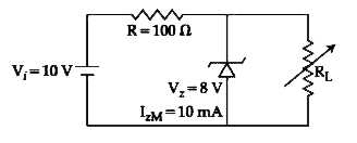 एक जेनर, जिसकी भंजन वोल्टता VZ=8 V, एवं अधिकतम जेनर धारा I(ZM)= 10 mA है, जब यह निवेश वोल्टेज (विभव) Vi =10 V  से श्रेणीबद्ध प्रतिरोध R=100 Omega के साथ जोडा जाता है। दिए गए परिपथ में R, परिवर्तनशील लोड प्रतिरोध को प्रदर्शित कर रहा है। RL  के अधिकतम एवं न्यूनतम मानों का अनुपात  |