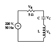 दिए हुए परिपथ में, VL एवं VC  के परिमाण, VR के परिमाण से दो गुने हैं। दिया गया है कि f = 50 Hz, कुंडली का प्रेरकत्व 1/(Kpi)  mH है। K का मान  होगा।