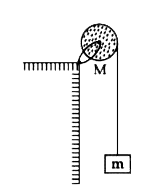 M = 4 kg द्रव्यमान एवं R=10 cm त्रिज्या की कोई एकसमान डिस्क, किसी क्षैतिज धुरी पर चित्र में दर्शाये अनुसार लगी है। m=2 kg द्रव्यमान का एक गुटका किसी द्रव्यमानरहित रस्सी से लटका है, जो कि डिस्क के घेरे पर लिपटी हुई है। गुटके के गिरने के दौरान रस्सी फिसलती नहीं है, एवं धुरी पर कोई घर्षण नहीं है। रस्सी में तनाव का मान  N होगा। (दिया है g= 10 ms^(-2))