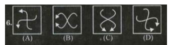 Four figures (A), (B), (C) and (D) have been given for each question. Out of these four figures three have some similarity and one figure is different. Find out the different figure and encircle the number of that different figure.