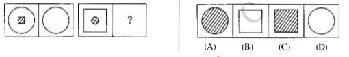 In questions, there are three problem figures followed by a mark of interrogation (?) for the fourth one. There exists a relationship between the first two problem figures. A similar relationship should exist between the third and fourth problem figures. Select one figure from the answer figures which replaces the mark of interrogation. Indicate the correct letter of the answer figure.