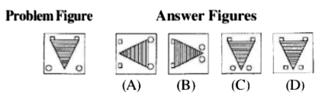 There are four answer figures (A), (B), (C), (D) given at the right side and one problem figure at the left side in each question below. Select that answer figure which is same with all respect of the problem figure and after selecting figure, indicate your correct sequence.