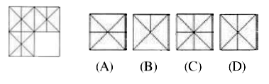 One problem figure is given at the left side of line in each question below. One part is missing of that given problem figure. Find out that figure from given (A), (B), (C) and (D) answer figures at right side which fits exactly in this missing part of problem figure without changing their direction and complete the pattern of the problem figure. After selecting figure, indicate your correct response.