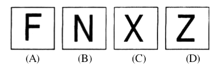 Four figures (A), (B), (C) and (D) have been given in each question. Of these four figures, three figures are similar in some way and one figure is different. Select the figure which is different and write your answer only in English letters (i.e., A, B, C and D) in the box against the number corresponding to the questions in the answer sheet.