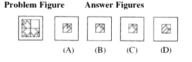 In the following questions, there is a problem figure for question towards the left side. One part of this figure is missing. Observe answer figure (A), (B), (C) and (D) to the right side. Find out the figure which complete the portion of embedded part of problem figure without changing its direction. Indicate your correct answer.