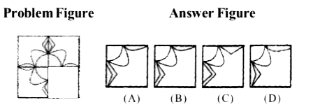 In each of the questions from , problem figure is given to the left side of the line. A portion of this figure in missing. Study the answer figures (A), (B), (C) and (D) given to the right side of the line. Identify the figure out of the answerf igures which may fit into the vacant portion of the problem figure so as to complete its pattern.