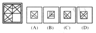 There is a problem figure on the left-hand side, a part of which is missing. Observe the answer figures (A), (B), (C) and (D) on the right-hand side and find out the answer figure which, without changing the direction, fits in the missing part of the problem figure in order to complete the pattern in the problem figure. Indicate your answer by letter of the answer figure chosen by you in the box against the number corresponding to the questions in the answer sheet.