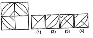 निम्नलिखित प्रश्नों में रेखा के बाईं ओर एक समस्या आकृति दी गई है। दी गई समस्या आकृति का एक भाग गायब है। दाई ओर दी गई (1), (2), (3) तथा (4) उत्तर आकृतियों में से उस आकृति को ढूंढिए, जो बिना अपनी दिशा बदले प्रश्न आकृति के गायब भाग में इस तरह ठीक बैठती है कि समस्या आकृति का पैटर्न पूरी तरह बन जाता है। इंगित कीजिए।