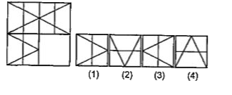 निम्नलिखित प्रश्नों में रेखा के बाईं ओर एक समस्या आकृति दी गई है। दी गई समस्या आकृति का एक भाग गायब है। दाई ओर दी गई (1), (2), (3) तथा (4) उत्तर आकृतियों में से उस आकृति को ढूंढिए, जो बिना अपनी दिशा बदले प्रश्न आकृति के गायब भाग में इस तरह ठीक बैठती है कि समस्या आकृति का पैटर्न पूरी तरह बन जाता है। इंगित कीजिए।