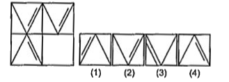 निम्नलिखित प्रश्नों में रेखा के बाईं ओर एक समस्या आकृति दी गई है। दी गई समस्या आकृति का एक भाग गायब है। दाई ओर दी गई (1), (2), (3) तथा (4) उत्तर आकृतियों में से उस आकृति को ढूंढिए, जो बिना अपनी दिशा बदले प्रश्न आकृति के गायब भाग में इस तरह ठीक बैठती है कि समस्या आकृति का पैटर्न पूरी तरह बन जाता है। इंगित कीजिए।
