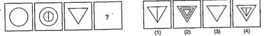 निम्नलिखित प्रश्नों में तीन समस्या आकृतियों के बाद चौथी के स्थान पर एक प्रश्नवाचक चिन्ह  (?) छपा हुआ है। पहली दो समस्या आकृतियों में परस्पर एक सम्बन्ध है। इसी प्रकार तीसरी तथा चौथी समस्या आकृतियों के बीच भी एक सम्बन्ध होना चाहिए। उत्तर आकृतियों में से वह आकृति चुनिए, जो समस्या आकृति के प्रश्नवाचक चिन्ह  (?) वाले स्थान पर ठीक बैठ सके। सही उत्तर चनकर इंगित कीजिए।