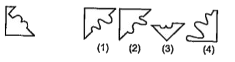 निम्नलिखित प्रश्नों में वर्ग का एक भाग रेखा के बाईं ओर है और रेखा के दाई ओर दी गई चार आकृतियों (1), (2),(3) और (4) में से कोई एक उसका दूसरा भाग है। दाईं ओर दी गई आकृतियों में से वह आकृति ढूंढिए, जो वर्ग को पूर्ण बनाती हैं। सही विकल्प को इंगित कीजिए।