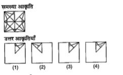 प्रश्नो में एक समस्या आकृति दी गई है | समस्या आकृति  का एक भाग गायब  है | दी गई  (1), (2) , (3) ,  तथा (4)  उत्तर  आकृतियों में से उस आकृति  को ढूढ़िए जो बिना  अपनी दिशा  बदले  समयस्या आकृति  के गायब  भाग में इस तरह  ठीक  बैठती है की समस्या आकृति  का पैटर्न पूरी  तरह  बन जाता है |