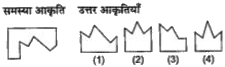 प्रश्नो  में वर्ग का एक भाग है  और दी गई  चार उत्तर आकृतियो (1), (2) ,(3)  तथा (4)  में से कोई एक उसका  दूसरा भाग है | दी  गई उत्तर आकृतियों  में से उस आकृति को  ढूँढ़िए जो वर्ग पूर्ण करती है |