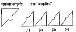 इन प्रश्नों में वर्ग का एक भाग है और दी गई चार उत्तर आकृतियों (1), (2), (3) तथा (4) में से कोई एक उसका दूसरा भाग है। दी गई उत्तर आकृतियों में से उस आकृति को ढूंढिए जो वर्ग को पूर्ण करती है।