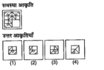 प्रश्नों में एक समस्या आकृति दी गई है। इस आकृति का एक भाग लुप्त है। दी गई उत्तर आकृतियों को देखिए। उस आकृति को ढूंढिए जो बिना अपनी दिशा बदले समस्या आकृति के गायब भाग में इस तरह ठीक बैठती हैं कि समस्या आकृति का पैटर्न पूरी तरह बन जाता है।