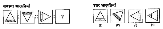 प्रश्न में तीन समस्या आकृतियों के बाद चौथे स्थान पर एक प्रश्नसूचक चिह्न (?) बना हुआ है। पहली दो समस्या आकृतियों में परस्पर एक सम्बन्ध है। इसी प्रकार, तीसरी तथा चौथी समस्या आकृतियों के बीच भी वैसा ही सम्बन्ध होना चाहिए। उत्तर आकृतियों 1,2,3 और 4 में से वह आकृति चुनिए जो प्रश्नसूचक(?) वाले स्थान पर ठीक बैठ सके।