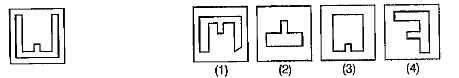 प्रश्न में किसी ज्यामितिक आकृति का एक भाग रेखा के बाईं तरफ समस्या आकृति के रूप में दिया गया है और रेखा के दाईं तरफ दी गई चार उत्तर आकृतियों 1,2,3 और 4 में से कोई एक उसका दूसरा भाग है। दाई तरफ दी गई उत्तर आकृतियों में से वह आकृति ढूँढ़िए जो उस ज्यामितिक आकृति को पूर्ण बनाती है।