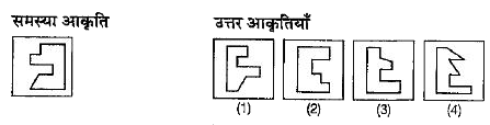 प्रश्न में किसी ज्यामितिक आकृति का एक भाग रेखा के बाईं तरफ समस्या आकृति के रूप में दिया गया है और रेखा के दाईं तरफ दी गई चार उत्तर आकृतियों 1,2,3 और 4 में से कोई एक उसका दूसरा भाग है। दाई तरफ दी गई उत्तर आकृतियों में से वह आकृति ढूँढ़िए जो उस ज्यामितिक आकृति को पूर्ण बनाती है।