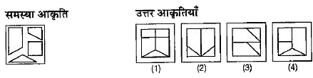 प्रश्न में बाईं ओर एक समस्या आकृति तथा दाईं ओर चार उत्तर आकृतियाँ 1,2,3 और 4 दी गई। हैं। समस्या आकृति में दिए गए कटे हुए टुकड़े से बनी आकृति को चुनिए तथा अपना उत्तर दीजिए।