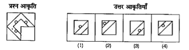 दिए गए प्रश्न में रेखा के बाई तरफ एक प्रश्न आकृति दी गई है | इस आकृति का भाग गायब है | दाई तरफ दी गई (1), (2), (3) तथा (4) उत्तर आकृतियों को देखे | उस आकृति को ढूंढे जो बिना दिशा बदले समस्या आकृति के गायब भाग में एक तरह ठीक बैठती है कि प्रश्न आकृति का पैटर्न पूरी तरह बन जाता है सही उत्तर चुनकर संलग्न उत्तर-पत्रिका में हर प्रश्न के आगे दिए गए बॉक्स में अंग्रेजी संख्या [जैसे (1), (2), (3) या (4)] में उत्तर लिखे |   प्रश्न आकृति